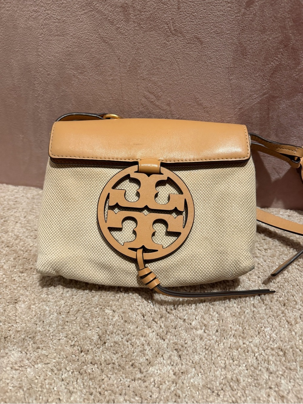 Tory Burch Cream Canvas Crossbody with Tan Leather Trim and Logo